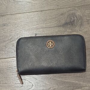 Tory Burch Black Zip-Around Wallet with Gold Emblem